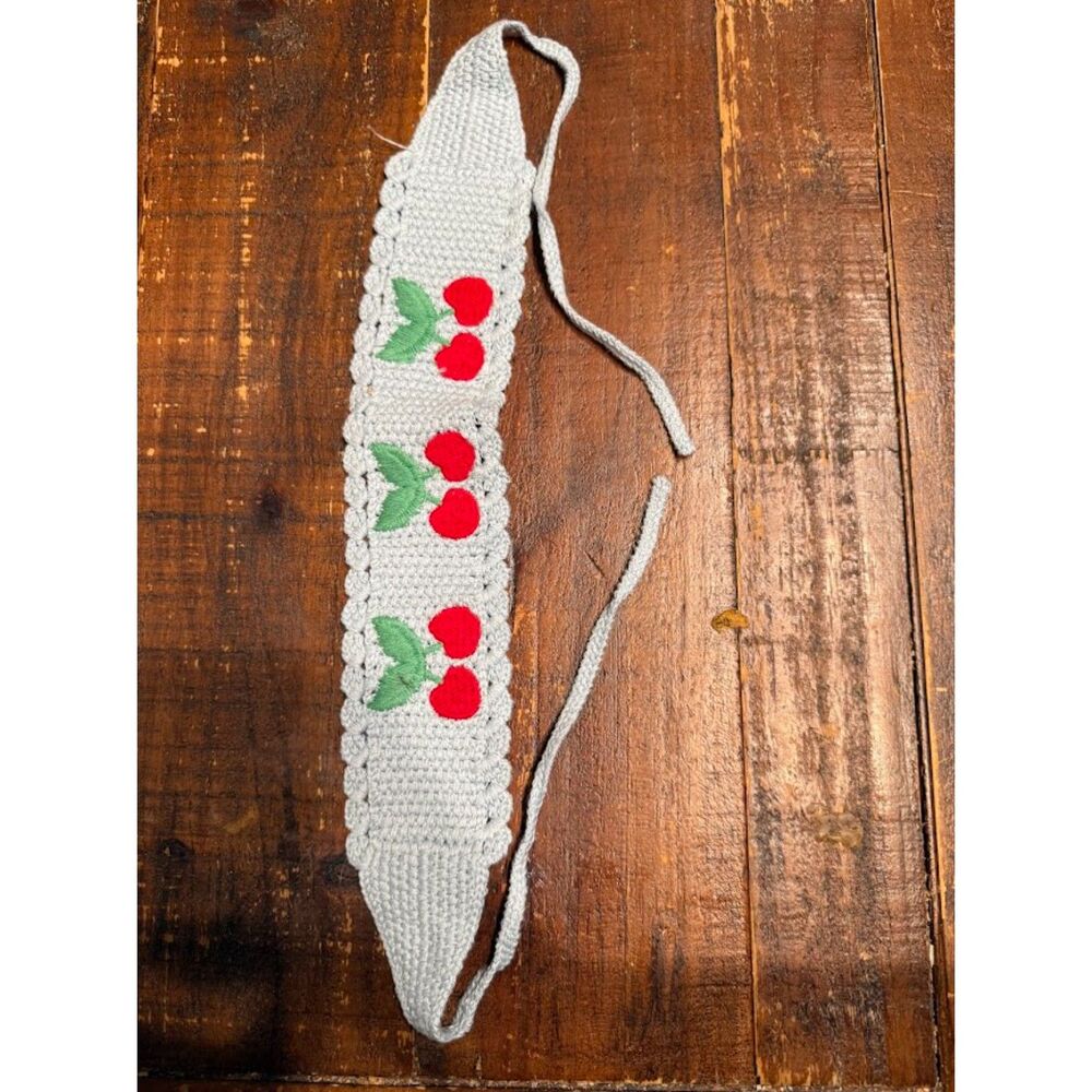 white crochet headband with cherry